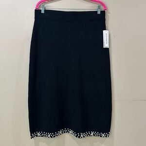 Nanette Lepore Black Knit Pencil Skirt Rhinestone Studded Crystal Border Hem L